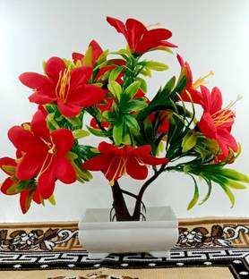 BearPaw Red Lily Artificial Flower Plant for Home Decoration indoor Bonsai Wild Artificial Plant  with Pot
