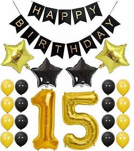 haven's treasure 15th Birthday Decoration Items Kit- 23Pcs with Golden and Black Paper Alphabet Birthday Banner Number Foil Balloon, Star Balloons for Kids, Husband, Wife, Girls, Boys Combo Set Banner