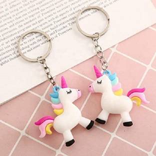 ESAANVIKA Cute Rainbow Unicorn Design Plush Rubber Keyring & Keychain - White and Pink Color (set of 2) Key Chain