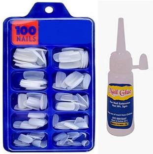 twirey Artificial Nails Set With Glue Acrylic Face Nails Set Of 100 Pcs and Artificial Nail Glue White