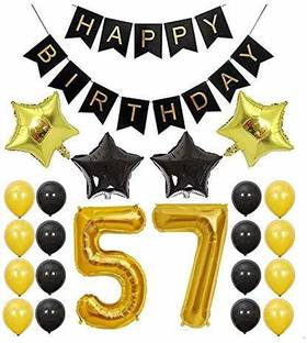 haven's treasure 57th Birthday Decoration Items Kit- 23Pcs with Golden and Black Paper Alphabet Birthday Banner Number Foil Balloon, Star Balloons for Kids, Husband, Wife, Girls, Boys Combo Set Banner