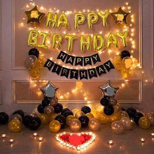 Lazer Black Gold & Silver foil balloons Birthday Decoration Items Kit with LED fairy lights & Banner for boys and girls , Pack of 57