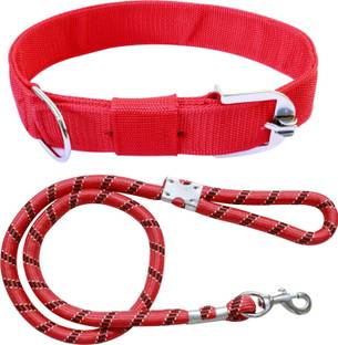 ADIOS Dog Belt Combo of 1.5 inch Red Dog Collar with Red Lead Specially for Large Dog Collar & Leash
