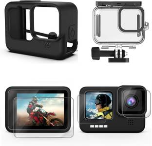 Adofys Accessories Kit for Black with Waterproof Case + Ultra Clear Tempered Glass Screen Protector + Lens Protector + HD Front Display Lens Protector + Silicone Rubber Protective Case Camera Housing