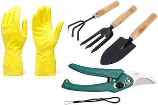 SHREETA Gardening Tools - Reusable Rubber Gloves, Flower Cutter/Scissor & Garden Tool Wooden Handle (3pcs-Hand Cultivator, Small Trowel, Garden Fork) Garden Tool Kit