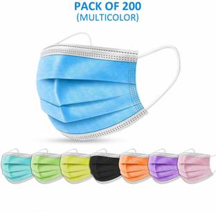 Wellstar Protective Face Mask with NOSE CLIP, CE ISO & GMP Certified Bacterial Filtration 3 Ply Standard Quality Non-Woven Fabric Ear-Loop Face Mask without Valve - Pack of 200 Pieces (Multicolor) Non-Washable, Water Resistant Surgical Mask