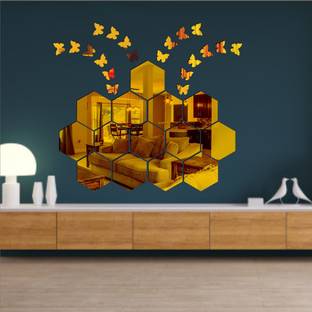 Grahak Trend 14 Hexagon With 20 Butterfly Golden 3D Acrylic Mirror Wall Sticker Decoration for Kids Room/Living Room/Bedroom/Office/Home Wall Pack of 14
