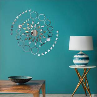 Grahak Trend Sun Flame 20 Hexagon Shape Silver With 20 Butterfly Golden 3D Acrylic Mirror Wall Sticker Decoration for Kids Room/Living Room/Bedroom/Office/Home Wall Pack of 65