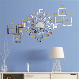 Grahak Trend Sun Flame 12 Square Silver With 20 Butterfly Golden 3D Acrylic Mirror Wall Sticker Decoration for Kids Room/Living Room/Bedroom/Office/Home Wall Pack of 57