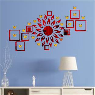 Grahak Trend Sun Flame 12 Square Red With 20 Butterfly Golden 3D Acrylic Mirror Wall Sticker Decoration for Kids Room/Living Room/Bedroom/Office/Home Wall Pack of 57