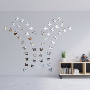 Grahak Trend 50 Butterfly Silver 3D Acrylic Mirror Wall Sticker Decoration for Kids Room/Living Room/Bedroom/Office/Home Wall Pack of 50