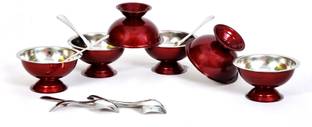 Dynore Stainless Steel Dessert Bowl set of 12 Maroon stainless steel ice cream cup and spoon set- 6 each