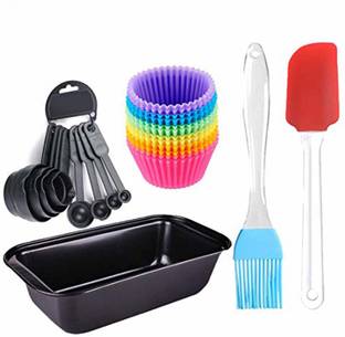 H&M Store Bread Loaf, 8 pc Measuring Cup Spoon,6 pcs Cupcake/Muffin Round Silicone Mould with Oiling Brush & Silicone Spatula (Pack of 17) Kitchen Tool Set