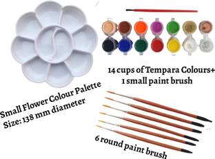 Upyukat 1 Small Flower shape Painting Palette /Water Color Palette/Color Mixing Plate/ Coloring Palette for Artist Kids – White + Artist Brush set- Round paint brush for artists (set of 6 brushes) + 14 Shapes of Tempera Colors with small paint brush