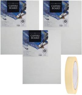 Definite Fine Art White Canvas Board 12X10 Inch with Masking Tape (20 Meters) Cotton Medium Grain Board Canvas (Set of 3)