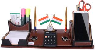 RASPER 5 Compartments Brown Genuine Leather Multipurpose Desk Organizer Pen Stand Holder With Calculator Watch Flag For Office Table Top With Mobile Holder (17.25x6 Inches)