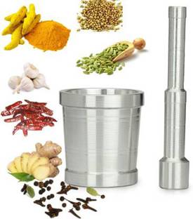 Indoselection High Quality Mortar & Pestle Imam Dasta Ohkli Musal Kharal Khalbatta Okhli Masher Masher size 8.89 CM Mortar & 14.9 CM Pestle Aluminium Masher (Pack of 2) Aluminium Masher