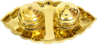 Spillbox Brass Thali kumkum Haldi Holder Plate for Pooja/Worship –Leaf 2 bowl Brass