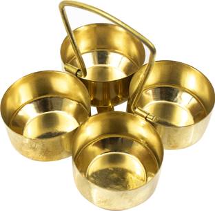 Spillbox Brass Puja Roli Chawal Kunkuma Turmeric Sandal 4 Bowl Stand for temple home Brass
