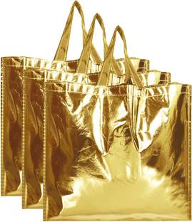 KUBER INDUSTRIES Reusable Large Size Grocery Bag Shopping Bag with Handle, Non-woven Gift Bag Goodies Bag Gold Tote Bag-Pack of 3 (Gold) Pack of 3 Grocery Bags