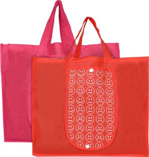 KUBER INDUSTRIES Shopping Grocery Bags Foldable, Washable Grocery Tote Bag with One Small Pocket, Eco-Friendly Purse Bag Fits in Pocket Waterproof & Lightweight (Set Of 2,Pink & Red) Pack of 2 Grocery Bags