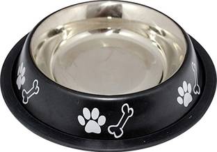 PetCeptual Stainless Steel Paw & Bone Printed Food and Water Feeding Bowl for Small Dogs & Puppies with Anti Skid Rubber - Black Round Shape Steel Pet Bowl