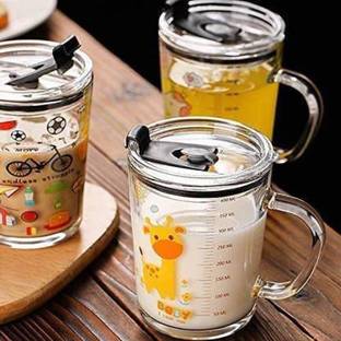 Jivima Cartoon Printed/Cup with Handle, Straw, Airtight Lid & Measuring Scale - 400 ML - 1 Piece - Random Design Glass Coffee (400 ml) Glass Mason Jar