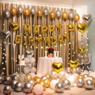 KR Solid Gold Silver white theme for Birthday/Party/Baby Shower/welcome home/ Season's Party Decorations - Happy Birthday Foil Banner Gold, Metallic Balloons Gold and Silver, Star Foil Gold and Silver Balloon