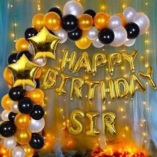 MODO Happy Birthday Decorations Kit For Teacher (SIR) - Gold Black & Silver theme for Birthday Party Decorations - Happy B'day Foil Banner Gold, Gold Black and Silver Metallic Balloons and SIR (3 Letters)Foil Balloons Golden, Stars Foil Balloons with Fairy LED Light Combo
