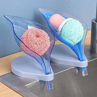 SBJS Transparent Leaf shape Soap Holder Box Plastic Bathroom Decor Dish Rack Portable Bar Soap Holder with Draining Tray combo set of (2)