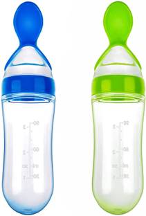 MulberryCart Presents 2 Pcs Soft Silicone Baby Food Feeder Squeeze Bottle for Solid Food with Dispensing Spoon Squeeze Feeder with Spoon - Spoon Bottle for Baby 90ml Feeder