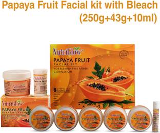 NutriGlow Papaya Fruit Combo Set : Facial Kit (250 gm) + Bleach Cream Kit (43 gm) / For Blemish Free Fairer Complexion / Lightens Skin/Moisturizes Skin