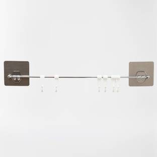 DIVY ENTERPRISE Multipurpose Steel Rail with 6 Hooks Adjustable Self Adhesive/No Drill Rack Steel, White Towel Holder