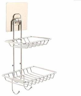 empire corporation Wall Mounted Double Layer soap Dish Holder Stainless Steel Wall Hanging Soap Storage Rack for Kitchen Bathroom-with Self Adhesive Magic Sticker