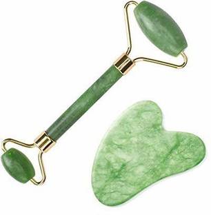 Eseekers Jade Roller and Gua Sha Set Jade Roller & Gua Sha Skin Scraper – Natural Facial Set with Facial Stone and Roller for Firming Face, 100% Natural Jade Stone Face Roller Anti-Aging, Puffy Eyes Massager, Neck, Anti Wrinkle Massager (Green) JR-123 Massager