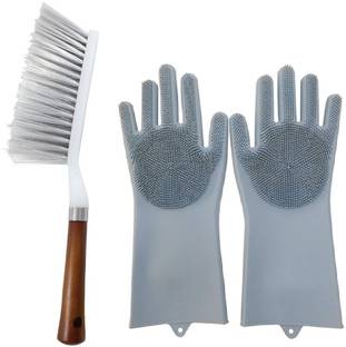 NOHUNT Bristle and Wood Carpet and Upholstery Long Handle Dust Cleaning Brush for Tiles, Carpet, Bed, Sofa,Mattress, Window, Bathroom, Car Seat, Curtain, Dust Cleaner for Home with Bacteria protecting, Dishwashing C-19 Gloves with Scrubber, Silicone Cleaning Reusable Scrub Gloves for Wash Dish,Kitchen, Bathroom, Pet Grooming Reusable Rubber Silicon Household Safety Wash Scrubber Nylon Wet and Dry Brush
