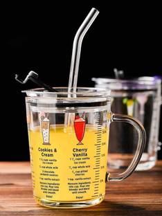 D&C Enterprise (Pack of 2) Glass Straw Measuring Drinking Milk Coffee Tea Juice Mug with Handle and Clear Lid with Scale Silicon Straw for Multiple Usage Cartoon Random Design Glass Water/Juice Glass