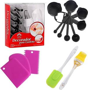 Craft 360 Bakeware Combo Set of 4 Cake, Making Supplies, Decoration Sculpting Tools & Accessories Set Of Cake Nozzle With Pipping Bag, Plastic Measuring Cups & Spoons Set of 8pcs, Silicone Spatula & Brush Set And Cake Scraper Set of 3pcs ( Kitchen Tools ) Cake Making Tools, Cake Decorating Combo. Kitchen Tool Set