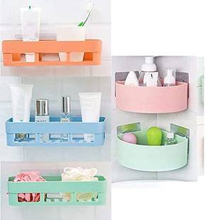 SHOPITECH Bathroom Shelf Wall Mounted Bathroom Kitchen No Drill Storage Rack Super Adhesive Bathroom Shower Organizer Rack Shelf (3 Bathroom Shelf + 2 Corner Triangle Shelf) Plastic Wall Shelf