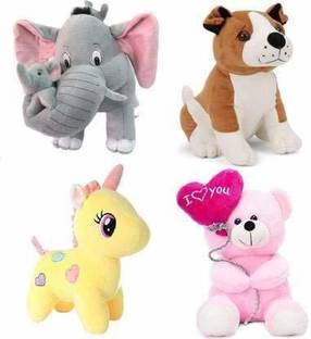 Saubhagye Pack of 4 Elegant Soft Toys Combo Set Bull Dog , Pink Balloon , Yellow Unicorn , Grey Mother Elephant Special Offers Toy Animals for You - 42 cm (Multicolor)  - 42 cm