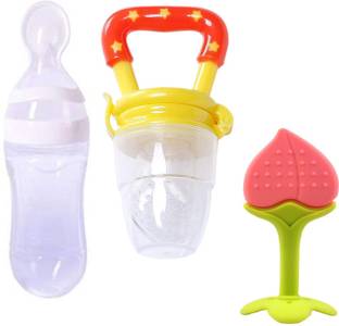 Kidsify Baby Cereal Rice Paste Squeeze Feeding Milk Bottle Food Feeder & Baby Fruit Nibbler Soother & Silicone Teether (Combo Pack)  - Silicone