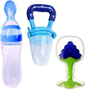 Kidsify Baby Cereal Rice Paste Squeeze Feeding Milk Bottle Food Feeder & Baby Fruit Nibbler Soother & Silicone Teether (Combo Pack)  - Silicone