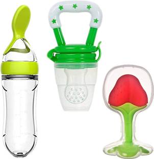 Kidsify Baby Cereal Rice Paste Squeeze Feeding Milk Bottle Food Feeder & Baby Fruit Nibbler Soother & Silicone Teether (Combo Pack)  - Silicone