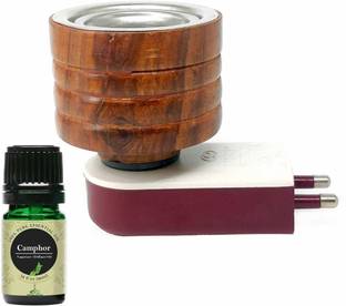 CraftQua Camphor Aroma Oil Diffuser Set Electric Wooden Aroma Oil Diffuser/Kapoor Dani/ Camphor Burner for Kapoor, Bakhoor and Aroma Oils Hand-Crafted Incense Burner for Home, Office, Temple, Positive Energy and Ambiance (WA1) with Camphor Aroma Oil 10ml