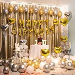 Hemito Solid 57 Pcs combo of Gold Silver Birthday decoration birthday decoration combo for Boys Girls Wife Adult Husband Mom Dad/Happy Birthday Decorations Items Set Balloon