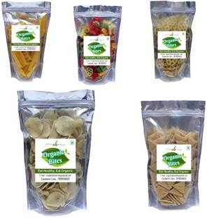 Organic Bites Fryums Combo of Golden Fingers/Mix Fryums/Wheel Shape Fryums/Jeera Rice Papad/Triangle Fryums Fryums (Pack of 5)
