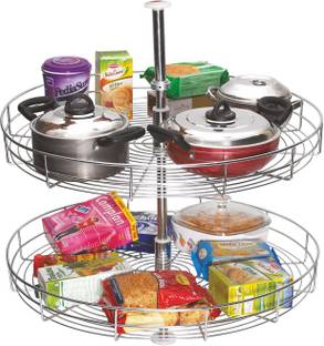 SMART SLIDE Utensil Kitchen Rack Steel Stainless Steel (Full Round Carousel 24 Inch) 2 Shelf Kitchen Corner Cabinet Organizer/Modular Kitchen Basket / Multifunctional Storage Rack / Adjustable Height Kitchen Carousel Unit