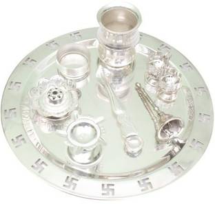 एम्पायर गिफ्ट Silver Plated 8 Inchi Swastik pooja Thali 8 pcs ( Silver plated ) Swastik Pooja thali सिल्वर प्लेटेड