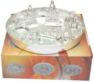 MayaEnterprises Silver Plated Diwali pooja thali set Pack of 6 Silver Laxmi Ganesh Poja Thali Silver Plated