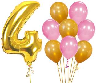 ACOME Solid 4th Birthday Baby Girl/Boy Decoration Combo. Number 4 Foil Balloon(1pc) and Gold Pink Metallic Balloons (8pc) Set 9Pcs Balloon
